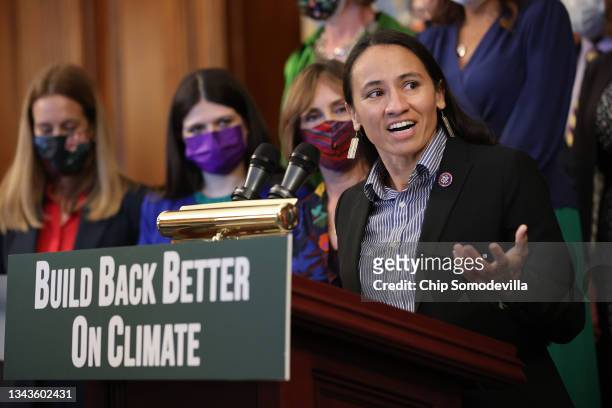 House Select Committee on the Climate Crisis member Rep. Sharice Davids speaks during an event with House Democrats and other climate activists to...