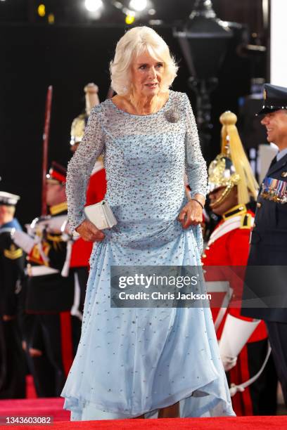 Camilla, Duchess of Cornwall, attends the "No Time To Die" World Premiere at Royal Albert Hall on September 28, 2021 in London, England.