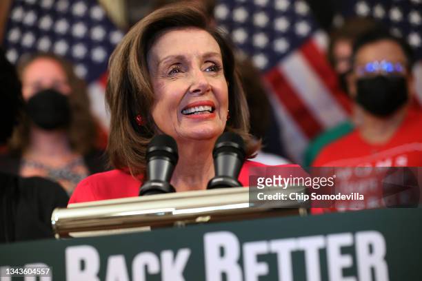 Speaker of the House Nancy Pelosi speaks during an event with House Democrats and climate activists to highlight the aspects of the Build Back Better...