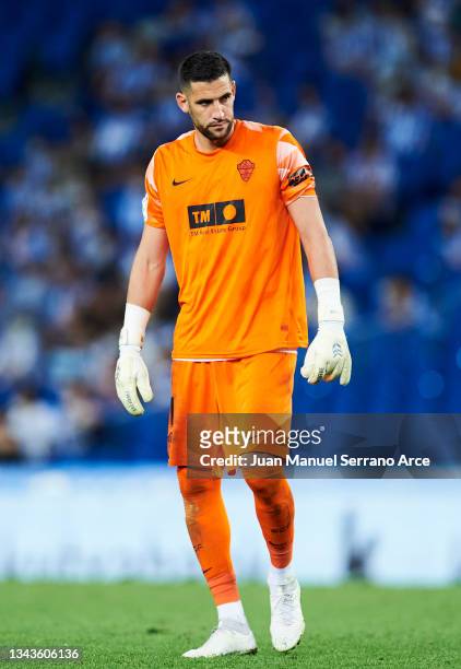 Kiko Casilla of Elche CF reacts during the La Liga Santader match between Real Sociedad and Elche CF at Reale Arena on September 26, 2021 in San...