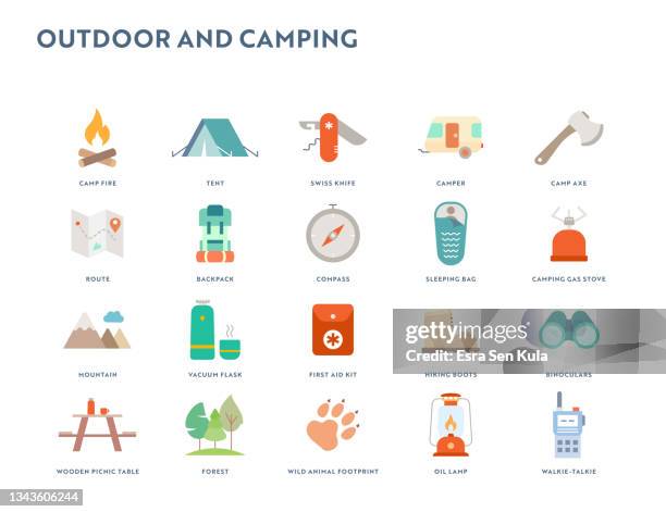 stockillustraties, clipart, cartoons en iconen met outdoor and camping flat icon set - tent stock illustrations