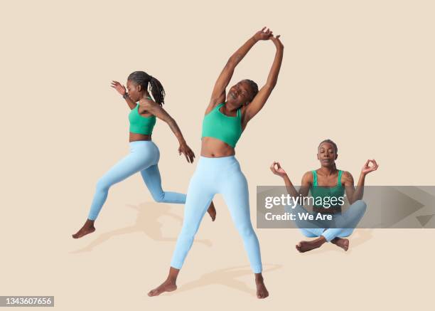 woman in various exercise poses - ejercicios de respiración fotografías e imágenes de stock