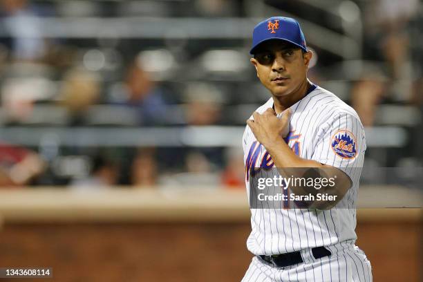 Manager Luis Rojas of the New York Mets looks on during the seventh inning against the Philadelphia Phillies at Citi Field on September 19, 2021 in...