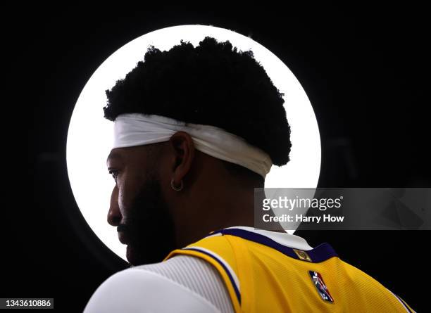 Anthony Davis of the Los Angeles Lakers gives an interview during Los Angeles Lakers media day at UCLA Health Training Center on September 28, 2021...