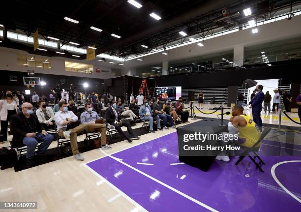 Russell Westbrook of the Los Angeles Lakers speaks at a press conference during Los Angeles Lakers media day at UCLA Health Training Center on...