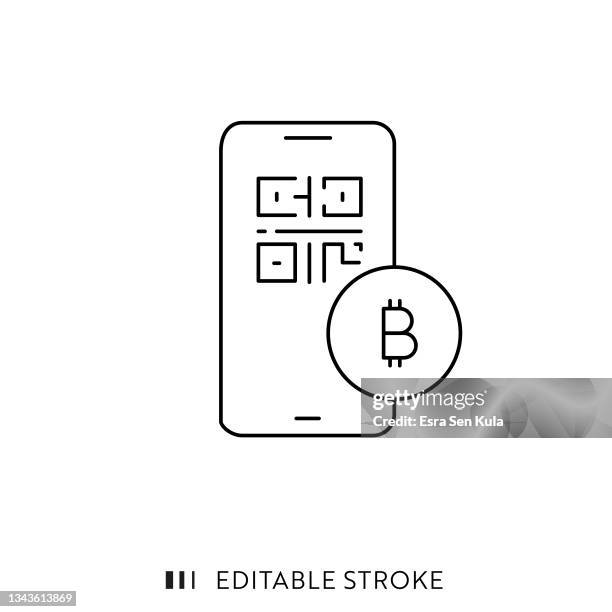 bitcoin digital wallet on mobile phone line icon with editable stroke - financial technology 幅插畫檔、美工圖案、卡通及圖標