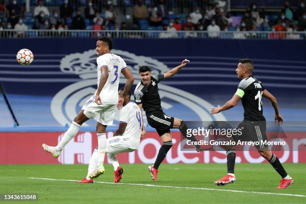 Jasurbek Yakhshiboev of Sheriff Tiraspol scores their side's first goal during the UEFA Champions League group D match between Real Madrid and FC...