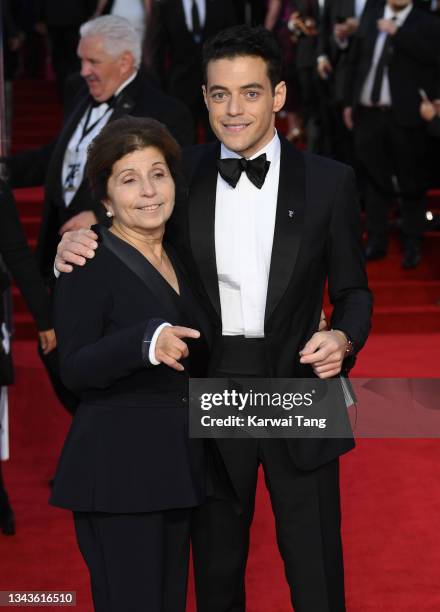 Rami Malek and mother Nelly Malek attend the "No Time To Die" World Premiere at Royal Albert Hall on September 28, 2021 in London, England.