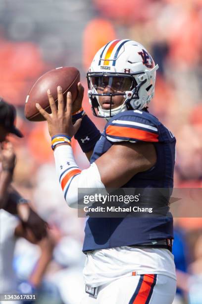 Quarterback TJ Finley of the Auburn Tigers prior to their game against the Georgia State Panthers at Jordan-Hare Stadium on September 25, 2021 in...