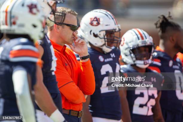 Head coach Bryan Harsin of the Auburn Tigers prior to their game against the Georgia State Panthers at Jordan-Hare Stadium on September 25, 2021 in...