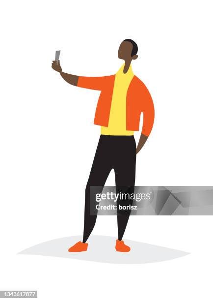 man taking a selfie. - black guy texting stock illustrations