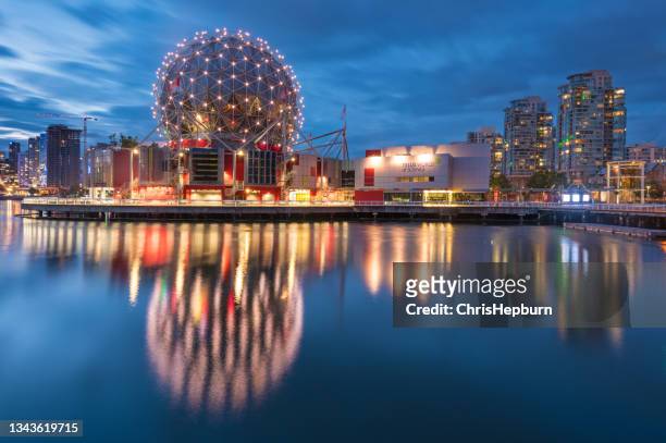 science world, false creek, vancouver, canada - vancouver sunset stock pictures, royalty-free photos & images