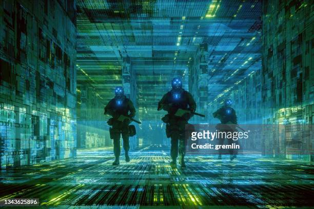 empty futuristic city corridors with cyborg soldiers - mercenary human role stockfoto's en -beelden