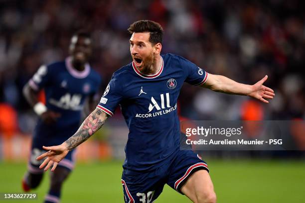 Leo Messi of Paris Saint-Germain reacts after scoring during the UEFA Champions League group A match between Paris Saint-Germain and Manchester City...