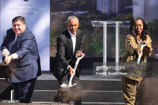 Illinois Governor J.B. Pritzker joins former U.S. President Barack Obama and former first lady Michelle Obama in a ceremonial groundbreaking at the...