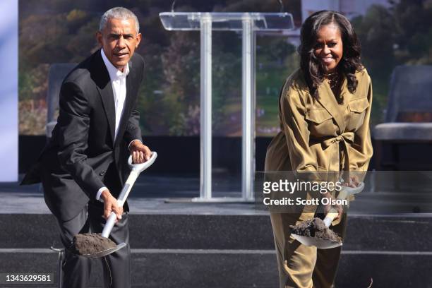 Former U.S. President Barack Obama and former first lady Michelle Obama participate in a ceremonial groundbreaking at the Obama Presidential Center...