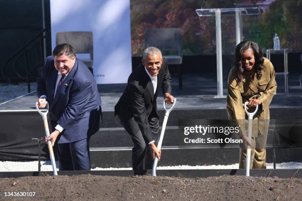 Illinois Governor J.B. Pritzker joins former U.S. President Barack Obama and former first lady Michelle Obama in a ceremonial groundbreaking at the...