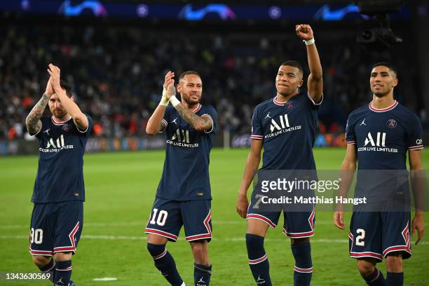 Lionel Messi, Neymar, Kylian Mbappe and Achraf Hakimi of Paris Saint-Germain celebrate after victory in the UEFA Champions League group A match...