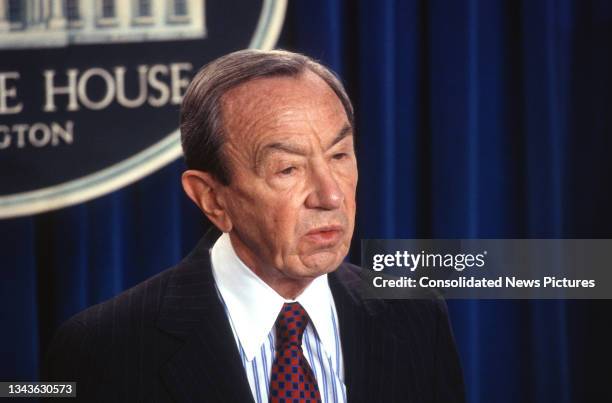 Close-up of US Secretary of State Warren Christopher as he speaks during a press conference in the White House's Brady Press Briefing Room,...