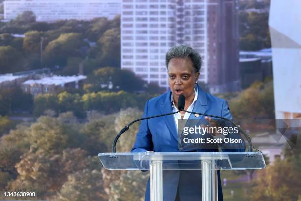 Chicago mayor Lori Lightfoot speaks during a ceremonial groundbreaking at the Obama Presidential Center in Jackson Park on September 28, 2021 in...