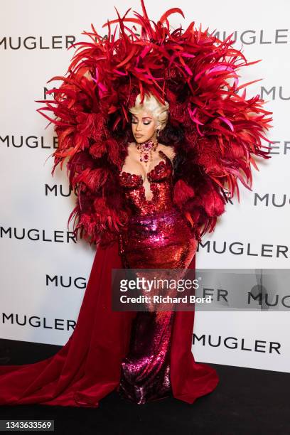 Cardi B attends the "Thierry Mugler : Couturissime" Photocall as part of Paris Fashion Week at Musee Des Arts Decoratifs on September 28, 2021 in...