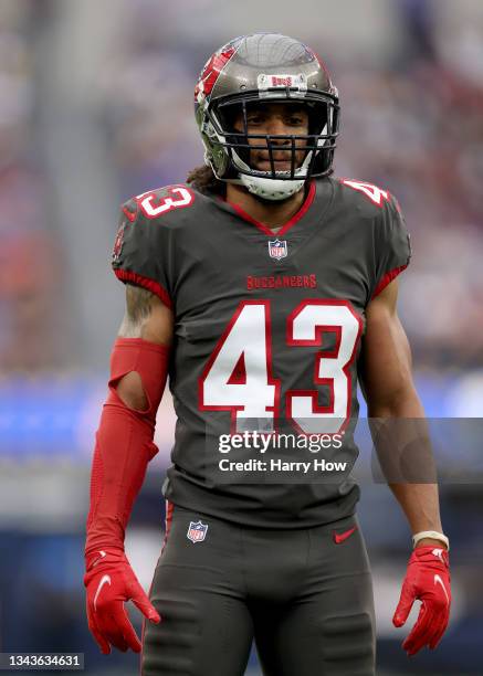 Ross Cockrell of the Tampa Bay Buccaneers lines up for a play during a 34-24 loss to the Los Angeles Rams at SoFi Stadium on September 26, 2021 in...