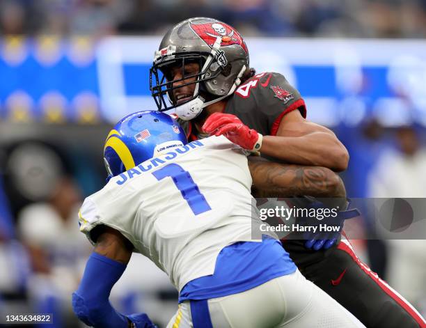 Ross Cockrell of the Tampa Bay Buccaneers hits DeSean Jackson of the Los Angeles Rams to break up a pass during the first quarter at SoFi Stadium on...