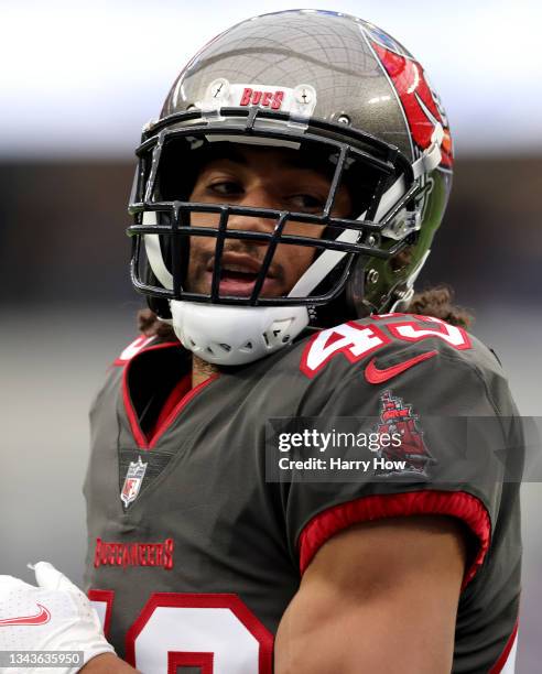 Ross Cockrell of the Tampa Bay Buccaneers during warm up before the game against the Los Angeles Rams at SoFi Stadium on September 26, 2021 in...