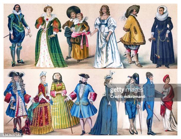 old chromolithograph of european costumes, 17th - 19th century - roupa de época - fotografias e filmes do acervo