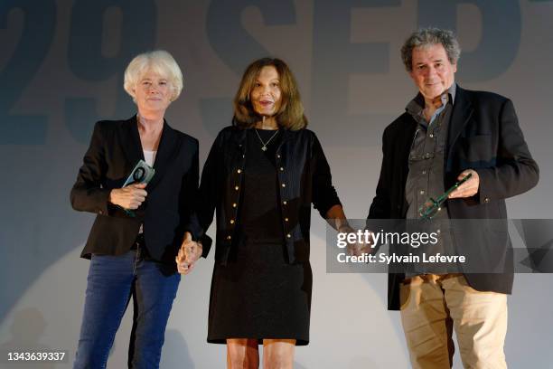 Brigitte Taillandier, Anne Fontaine and Jean-Pierre Laforce attend the closing ceremony on day five of the Valenciennes Film FestivalSeptember 28,...