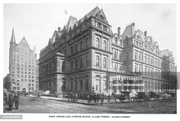 old engraving illustration of chicago in the 19th century, columbian exposition in chicago in 1893 - post office and custom house, adams, clark, jackson, and dearborn streets - chicago old post office stock pictures, royalty-free photos & images