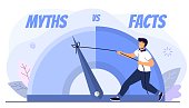 Myths vs facts Vector illustration on white background Thin line speech bubbles with facts and myths Speech bubble icons Concept of thorough fact-checking or easy compare evidence Flat cartoon style