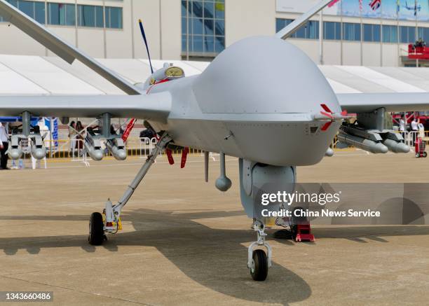 Gongji-2 unmanned drone is on display at the 13th China International Aviation and Aerospace Exhibition on September 28, 2021 in Zhuhai, Guangdong...