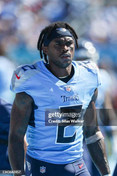 Julio Jones of the Tennessee Titans on the sidelines during the game against the Indianapolis Colts at Nissan Stadium on September 26, 2021 in...