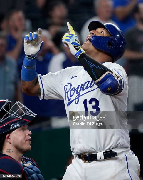 Salvador Perez of the Kansas City Royals celebrates a home run in the sixth inning against the Cleveland Indians at Kauffman Stadium on September 28,...