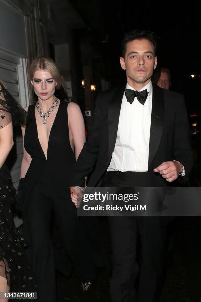 Lucy Boynton and Rami Malek seen attending Bond: No Time To Die - world film premiere after parties on September 28, 2021 in London, England.