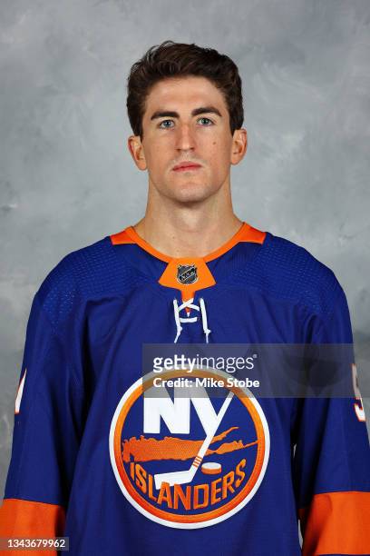 Cole Bardreau of the New York Islanders poses for his official headshot for the 2021-2022 season on September 22, 2021 at the Northwell Health Ice...