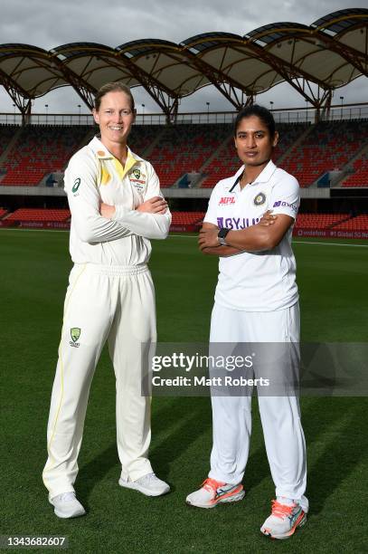 Meg Lanning of Australia and Mithali Raj of India pose during a media opportunity ahead of the Women's International Test match between Australia and...