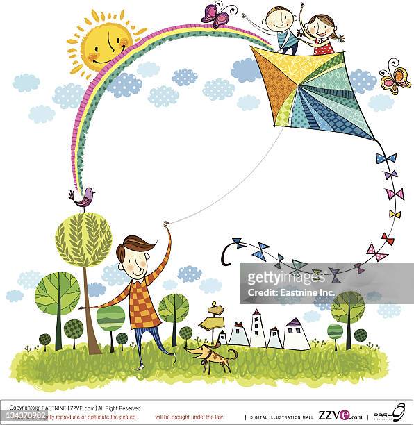 father flying kite - kite bird stock-grafiken, -clipart, -cartoons und -symbole