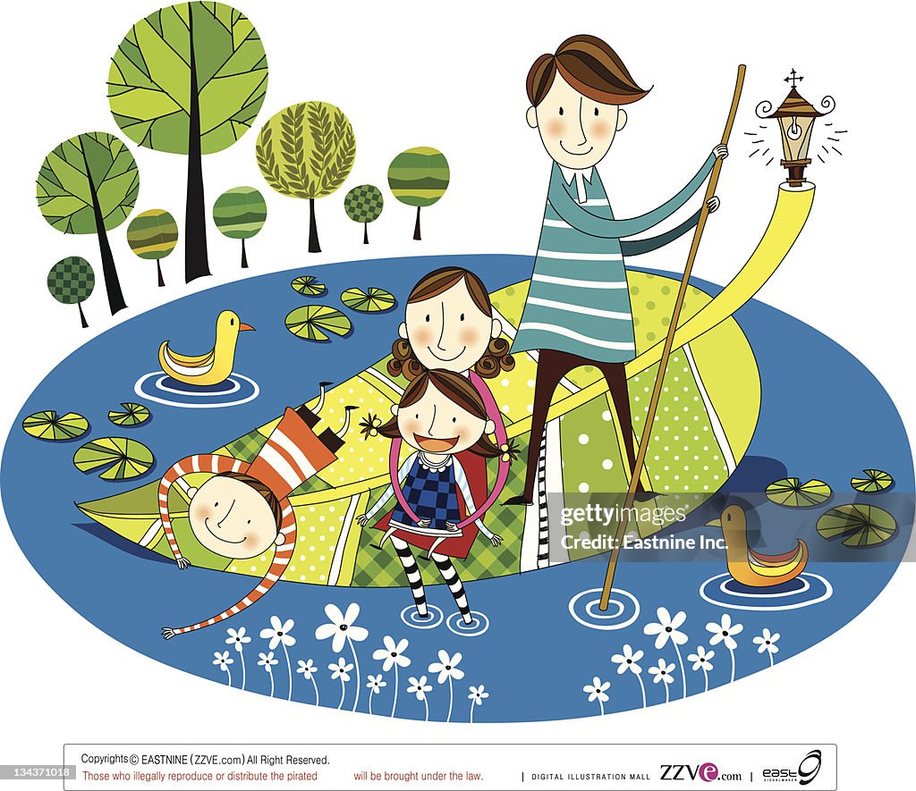Family riding boat in water