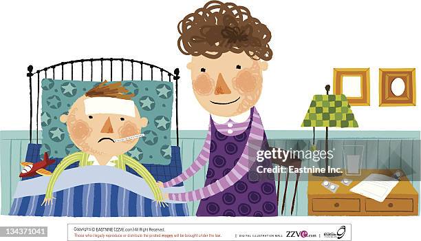 stockillustraties, clipart, cartoons en iconen met mother taking care of sick son - drinking water glass woman