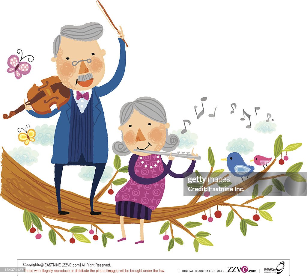 Elderly couple playing musical instruments