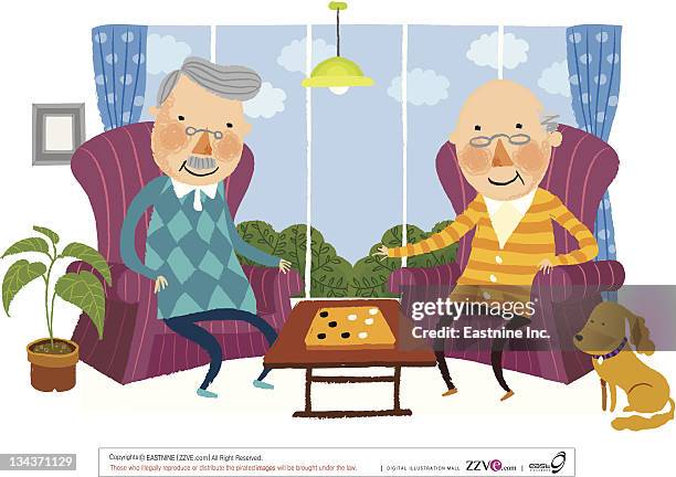 two elderly man playing indoor game - grey sofa stock illustrations
