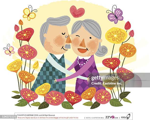 elderly couple expressing love - old man studio stock illustrations