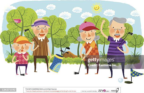 elderly people playing golf  - paar in sportkleidung stock-grafiken, -clipart, -cartoons und -symbole