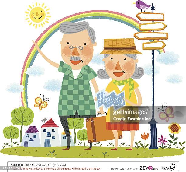 ilustraciones, imágenes clip art, dibujos animados e iconos de stock de elderly couple travelling r - suitcase couple