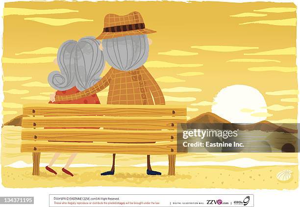 elderly couple sitting on wooden bench - romantic couple back stock illustrations