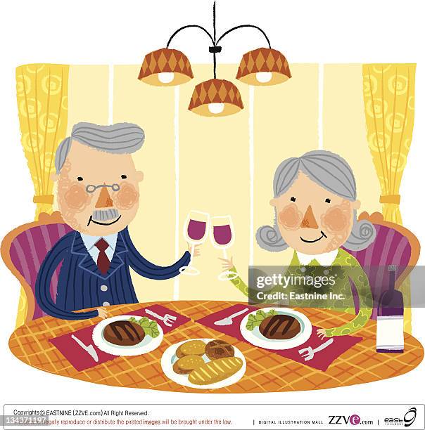elderly couple at dinner - senior couple drinking wine stock illustrations