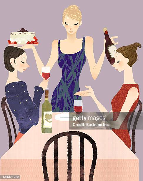stockillustraties, clipart, cartoons en iconen met group of young woman making celebration with cake - making a cake