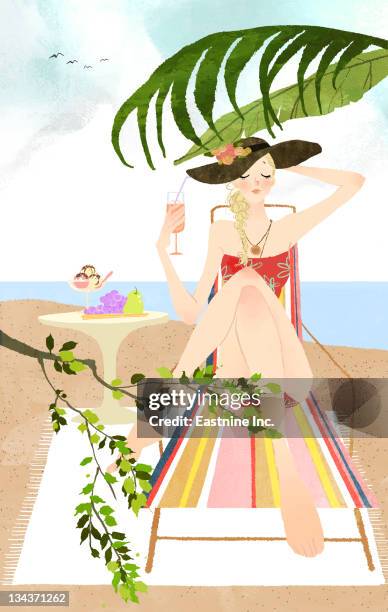 woman sunbathing on lounge chair on beach - animal lying on back stock illustrations